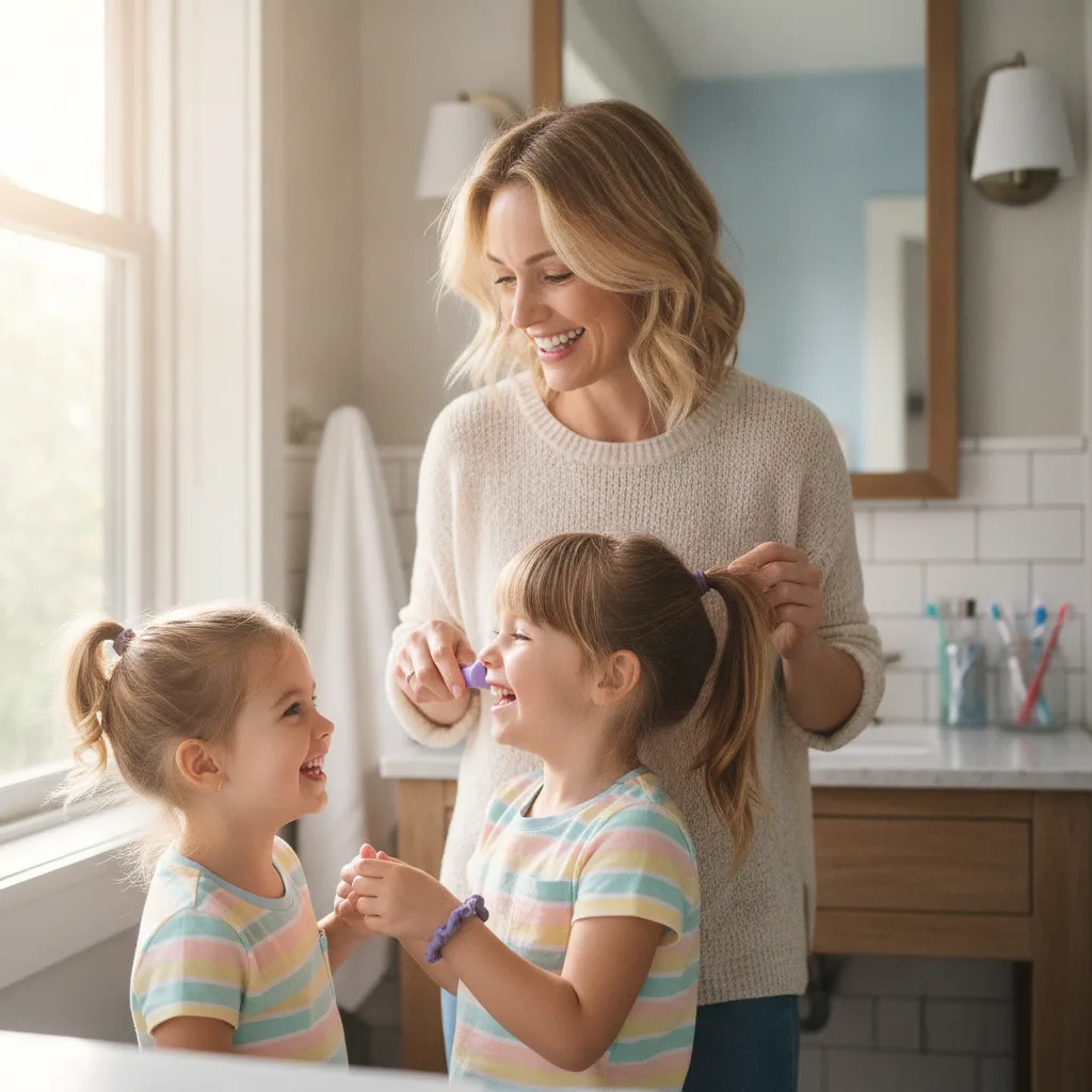 A mother and children brushing their teeth