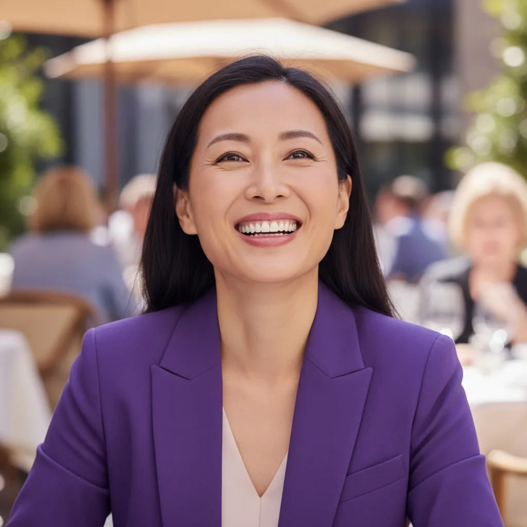 A smiling woman in a purple jacket