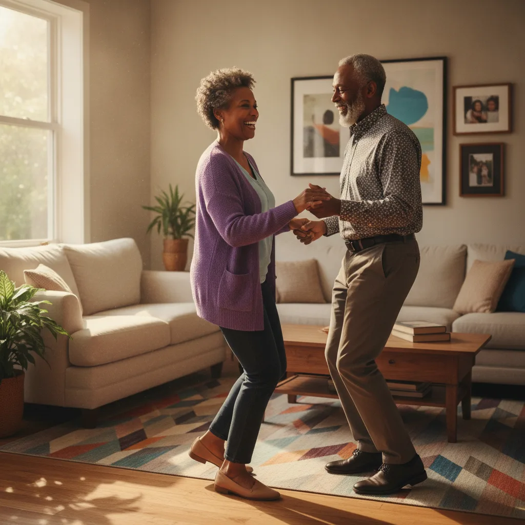 An older couple dancing at home