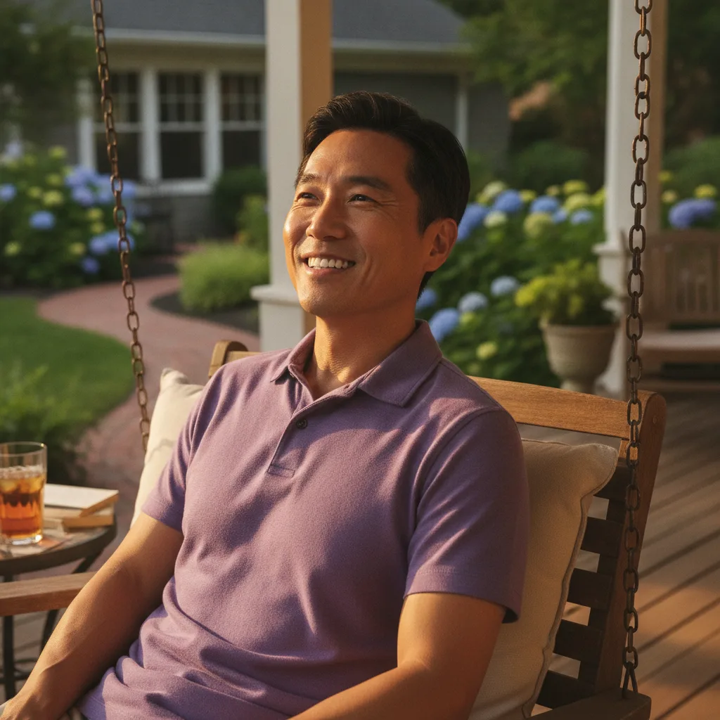 A smiling man relaxing on an outdoor patio