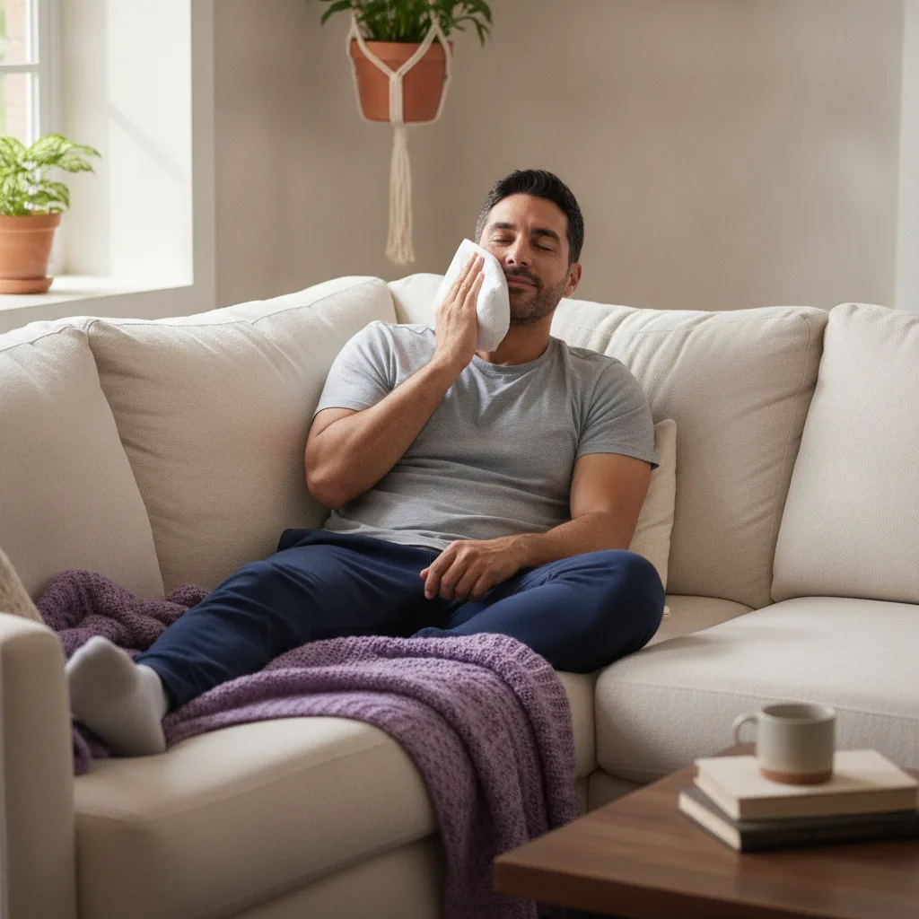 A man touching his jaw while sitting on a sofa