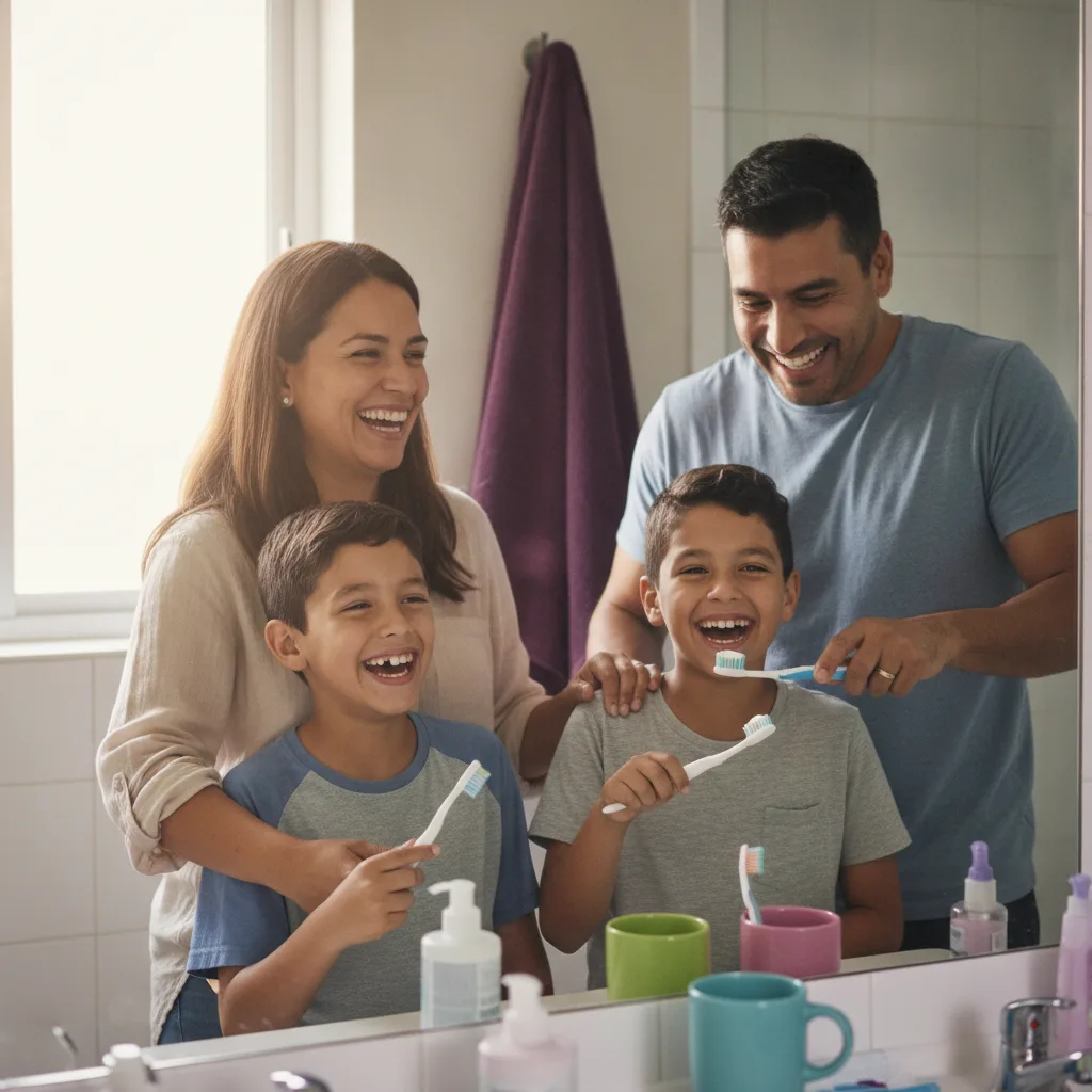 Parents and children brushing their teeth together