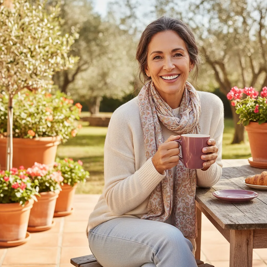 A smiling woman holding a mug in a garden